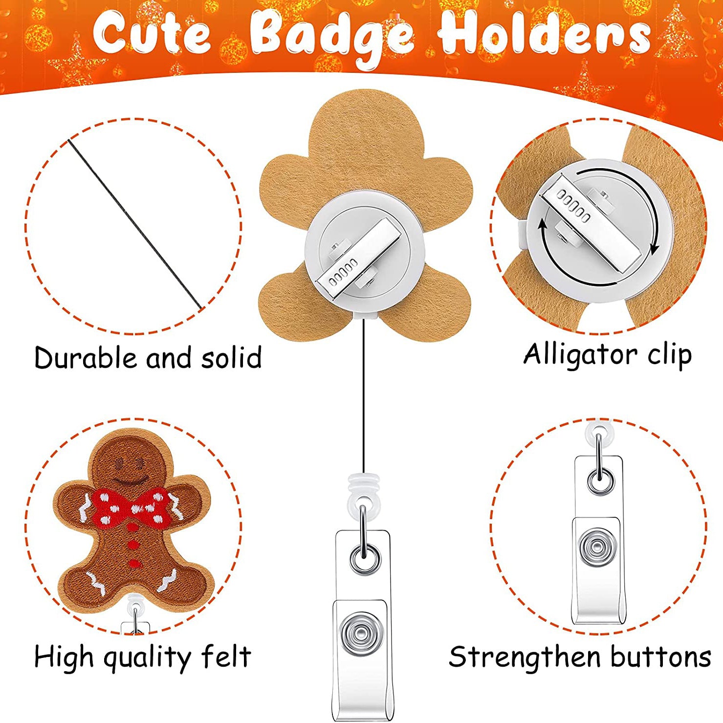 Wholesale ABS Christmas Felt Fabric Embroidered Gingerbread Man Christmas Tree Badge Scroll Extendable Keychain